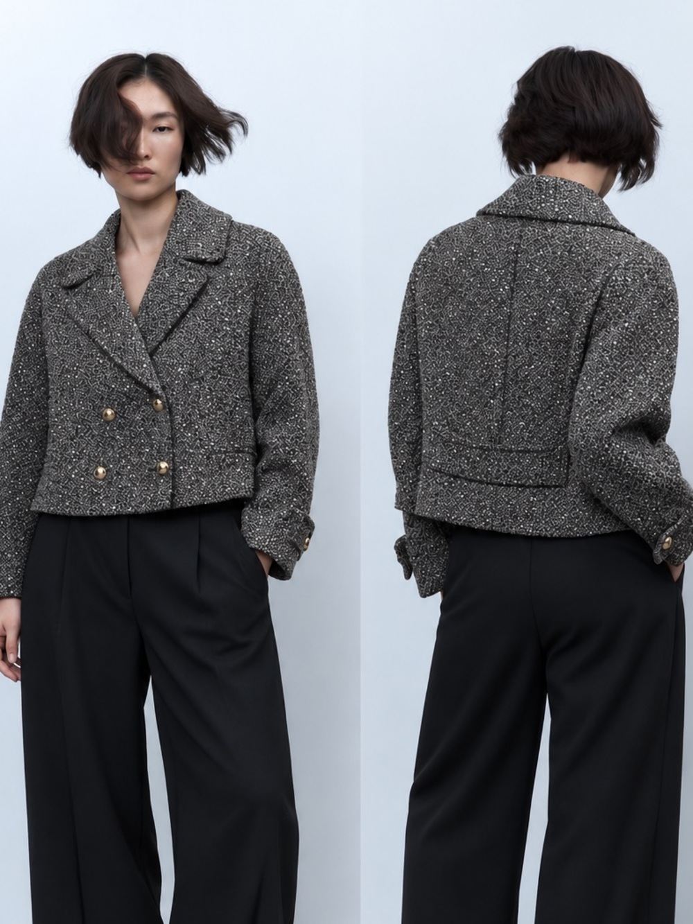 Zara Cropped Tweed Double Breasted Blazer Gray Gold Buttons Size L